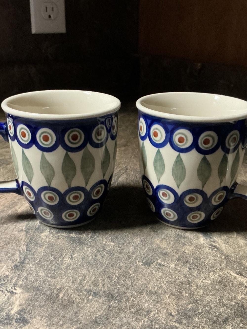 Set of Polish Pottery Peacock Coffee Mugs - New